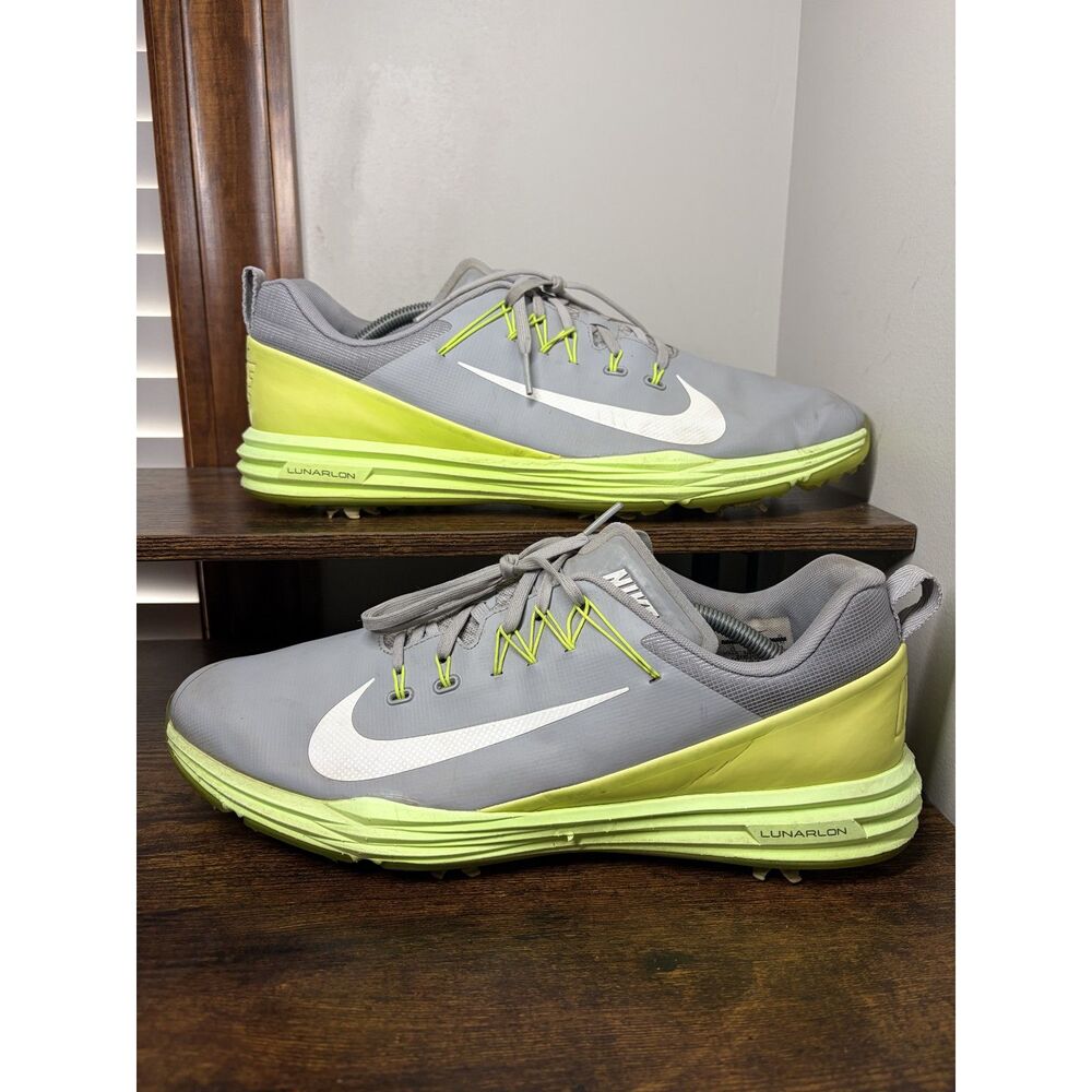 Nike Golf Lunarlon Spiked Golf Shoes Gray Volt Yellow Mens 13